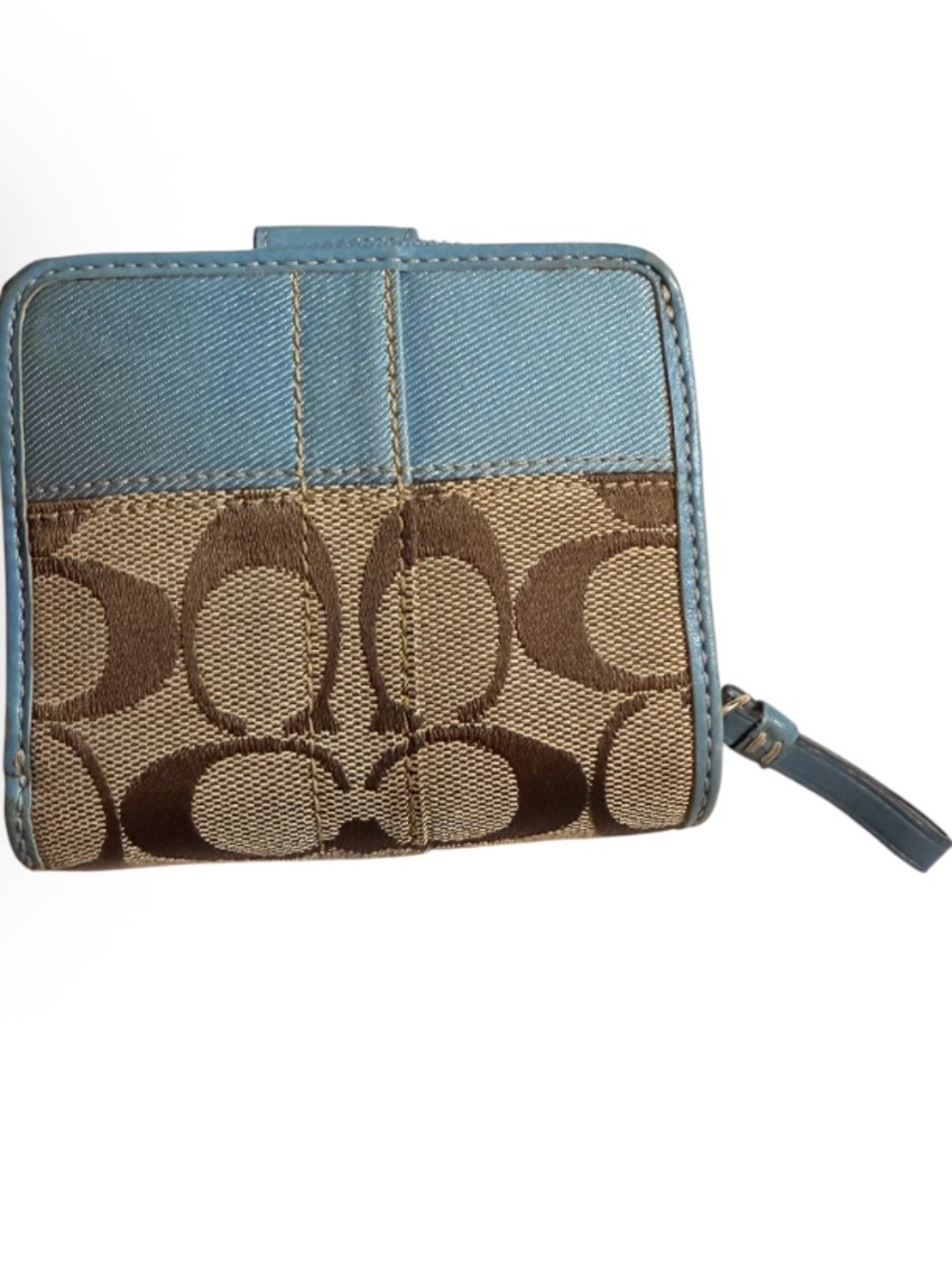 Coach Khaki Signature Blue Strim Leather Zip-Around Credit Card Wallet - Picture 3 of 13